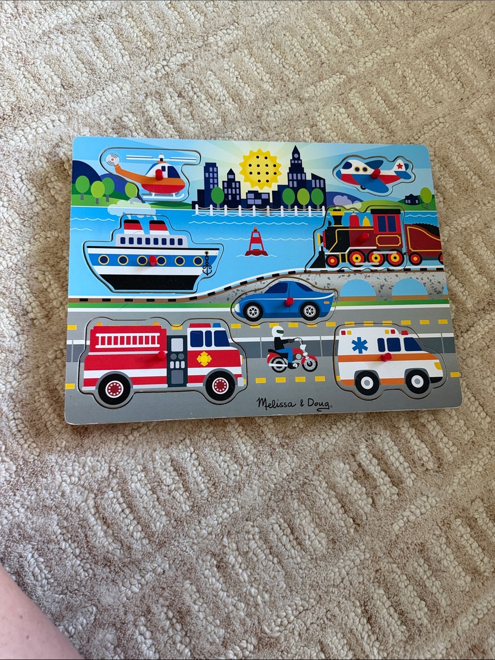 Melissa & Doug Wooden Vehicle Peg Puzzle- makes sound